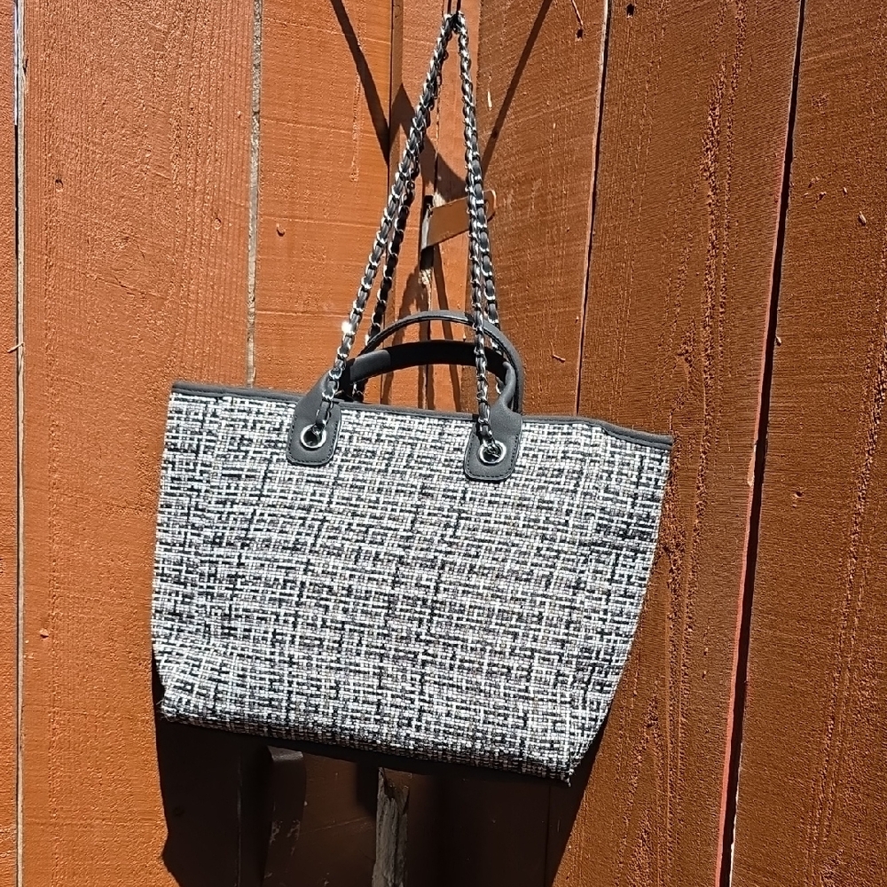 Tweed Black and White Women's Tote Bag Silver Tone Chain